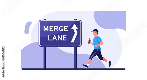 Road To Success: Illustration Of A Runner Approaching A Merge Lane Sign