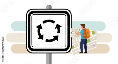 Road Trip: Roundabout Sign with Traveler Navigating Using Paper Map