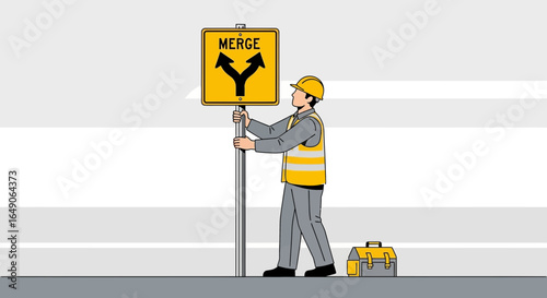Road Work Ahead: Worker Installs Merge Sign For Highway Traffic Safety
