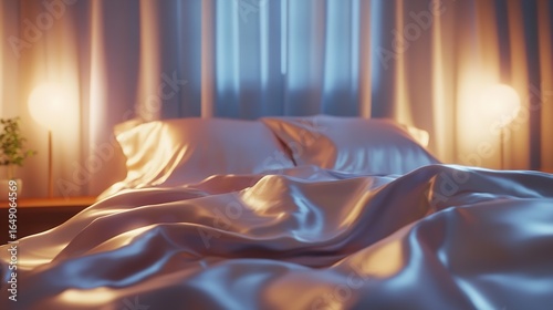 A close up of a bed with satin sheets and pillows in a softly lit bedroom setting at night time