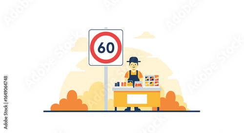 Roadside Vendor Near Speed Limit Sign Illustrative Flat Design Vector Art