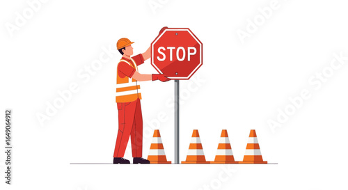 Roadwork Ahead Worker Installing a Stop Sign with Traffic Cones Present