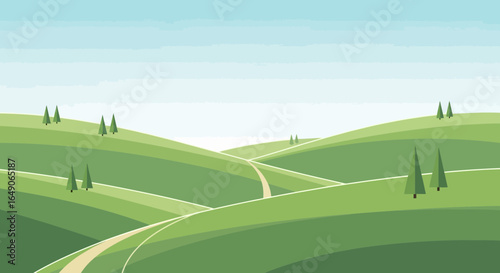 Rolling Hills And Evergreen Trees Underneath Light Blue Sky Illustration