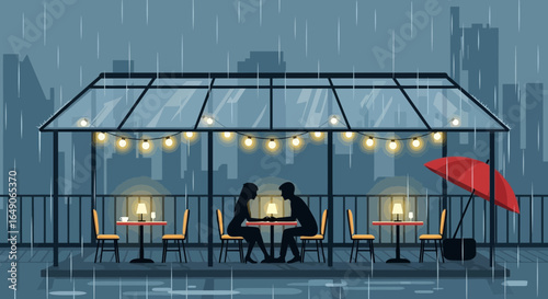 Romantic Encounter Under a Glass Roof Shelter Cafe In a Rainy Urban Landscape