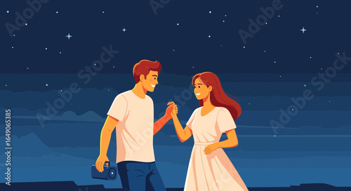 Romantic Evening Stroll Under Starry Skies With Retro Camera And Holding Hands