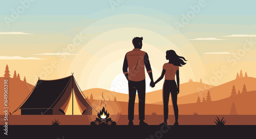 Romantic Getaway Couple Enjoying Camping At Sunset In Scenic Landscape