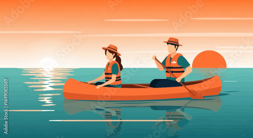 Romantic sunset kayak trip for two people enjoying outdoor activities in the sea