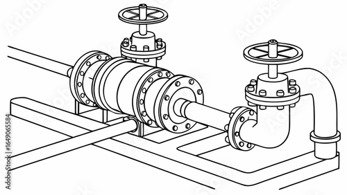 Isometric view of industrial pump with flanges valves and piping on a support structure shown in line art