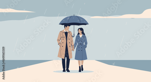 Romantic Walk In Rain: Couple Holding Hands Under Umbrella In Minimalist Design