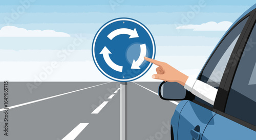 Roundabout Ahead Road Safety Concept Featuring Driver About To Enter Traffic Circle