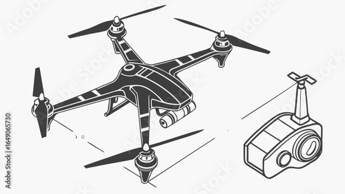 Illustration of a black and white drone with a camera and a remote control on a plain background