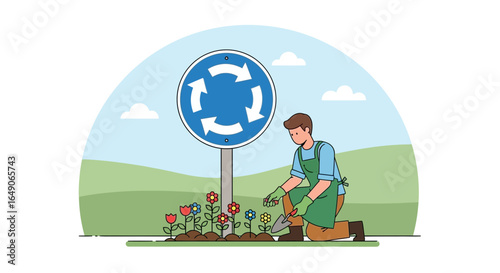 Roundabout Beautification Man Plants Flowers In Traffic Island Garden Scene