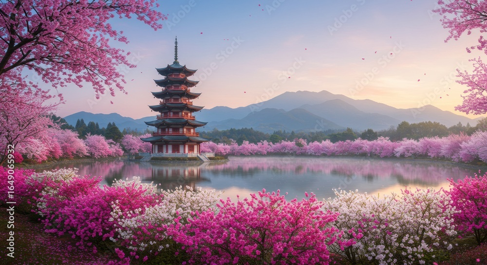 Obraz premium Cherry blossom festival celebration japan scenic view tranquil lake sunrise nature beauty