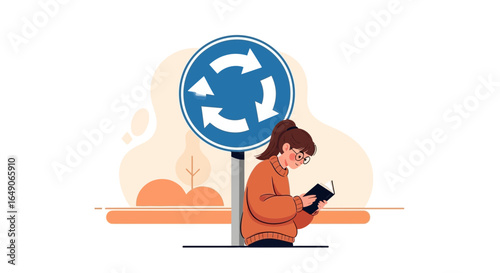 Roundabout Reading: Girl Enjoying Literature Near A Circular Road Sign Post