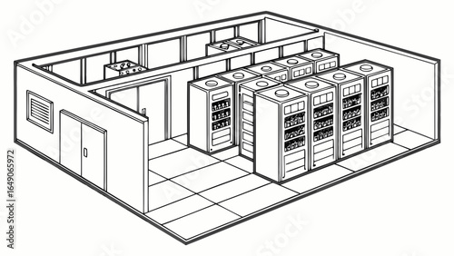 Isometric view of a server room with racks, doors, ventilation, and tiled flooring in black and white line art
