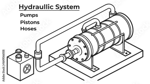 Illustration of a hydraulic system with a reservoir, cylinder, pipes, and supporting structure in isometric view
