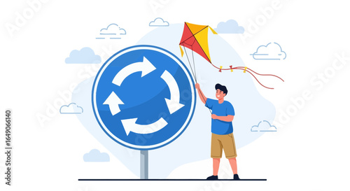 Roundabout With A Man Flying Kite On Sunny Day Represents Circulation