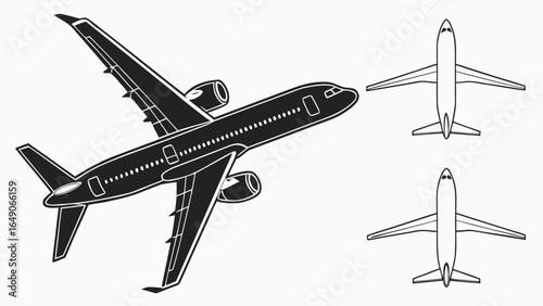 Illustration of a commercial airplane in flight with two plan views of the same aircraft design shown