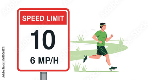 Running Faster Than Allowed Speed Jogger Near Speed Limit Sign