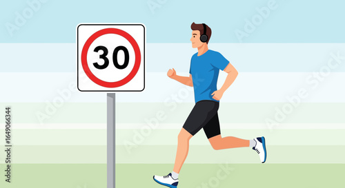 Running Man Speed Limit: Concept Of A Person Jogging Near Road Sign