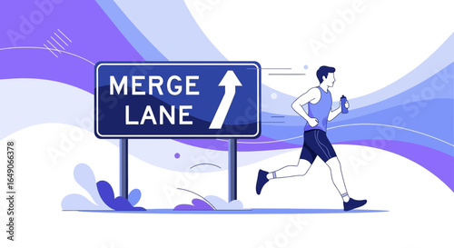 Running Towards Goals Merge Lane Sign Motivational Illustration With Athlete