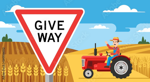 Rural Crossroads A Farmer On A Tractor Near A Yield Sign In A Crop Field