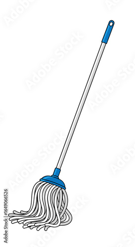 An illustration of a blue and white string mop with a long silver handle and a blue gripping end for cleaning floors and surfaces