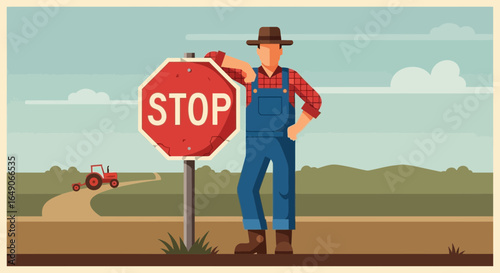 Rural Crossroads Farmer Halting Traffic Near Agriculture Scene Illustration
