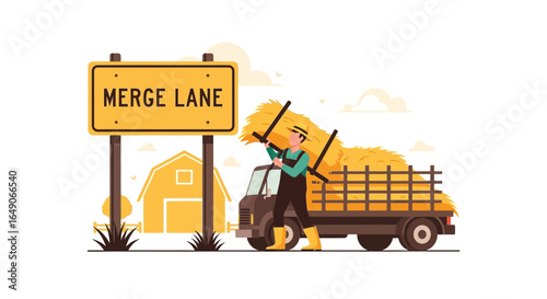 Rural Harvest Scene Featuring Farmer Truck and Merge Lane Sign Cartoon
