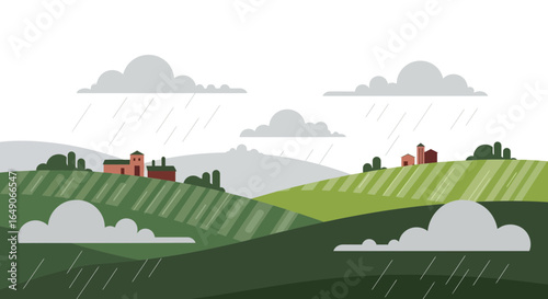 Rural Landscape On A Rainy Day With Clouds Over Rolling Hills Illustration