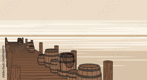 Rustic Pier Scene Featuring Wooden Barrels With Fishermen Netting