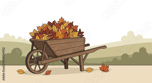 Rustic Wheelbarrow Full Of Autumn Leaves In A Farmyard Landscape