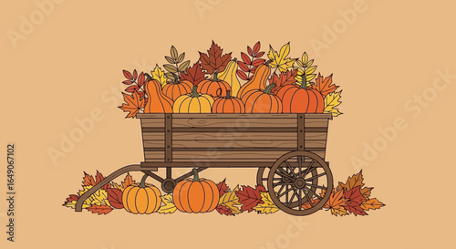 Rustic Wooden Wagon Filled With Pumpkins And Colorful Fall Leaves Display