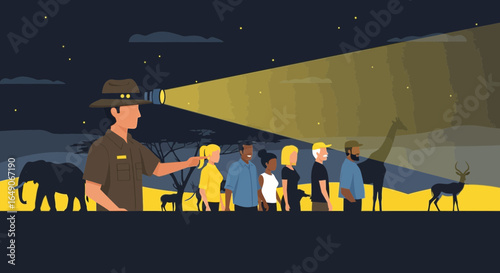 Safari Night Expedition Discovering African Wildlife Under Moonlight Tour Illustration