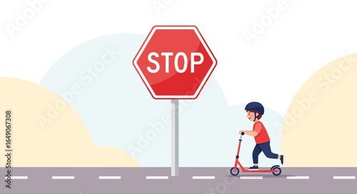 Safety First Boy On Scooter Near Red Stop Sign Outdoor Urban Scene
