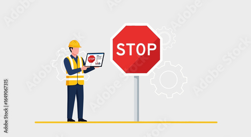 Safety Compliance Inspector Observing Stop Sign Violation With Data Analysis