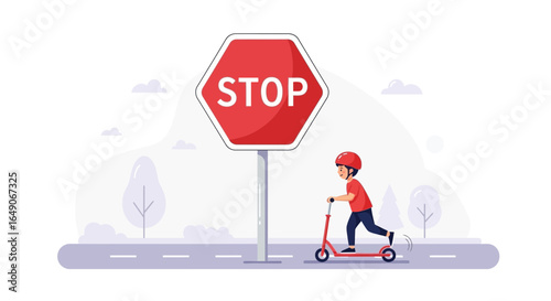 Safety First Child Riding Scooter With Helmet Near Stop Sign Illustration