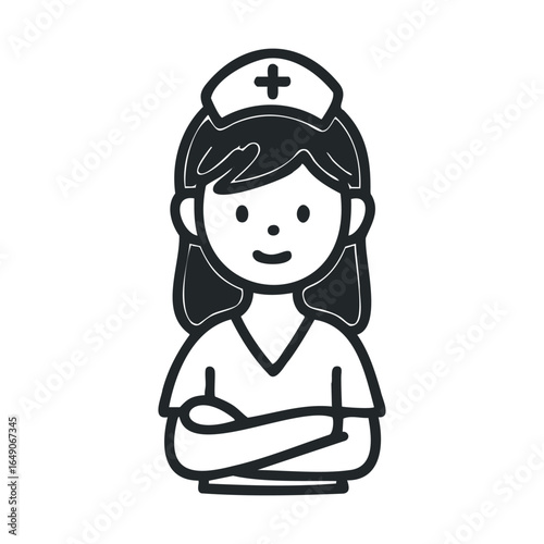 Caring nurse character in scrubs with a cap for health themes