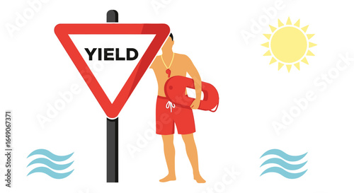 Safety First Lifeguard On Duty With Yield Sign Under Sunny Skies At Beach