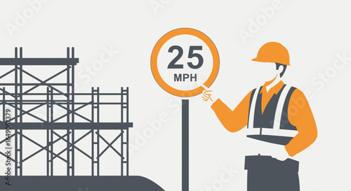 Safety First Worker Observes Scaffolding Speed Limit Sign At Construction Site