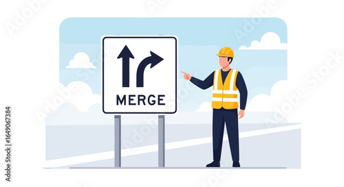 Safety Inspector Explains A Road Merge Sign With Upward And Sideward Arrows