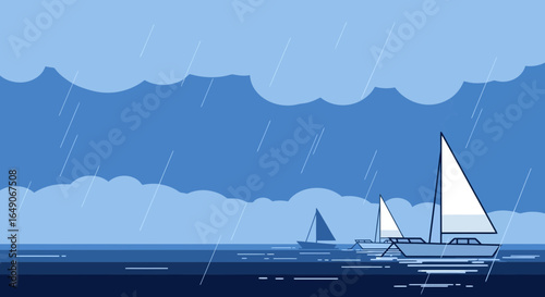 Sailboats Navigate Coastal Waters During Heavy Rain And Stormy Weather