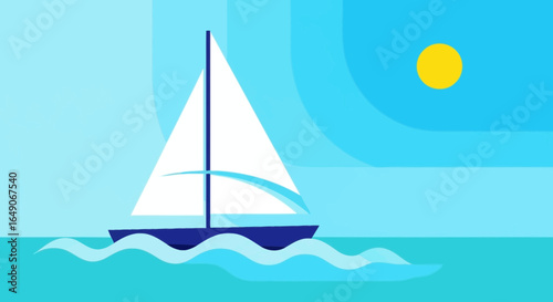 Sailing Adventures On The Ocean With Minimalist Geometric Shapes On Blue Background