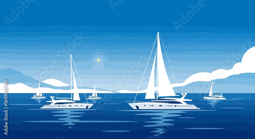 Sailboats On Calm Seas Modern Nautical Landscape Vector Illustration