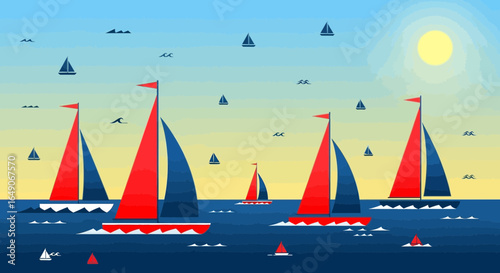 Sailing Adventures: Vibrant Red And Blue Sailboats On The Sea With Gentle Waves