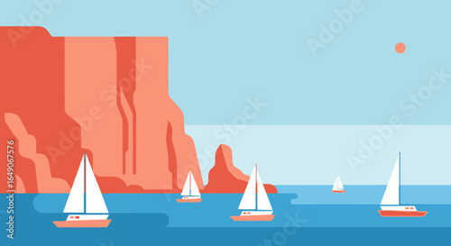 Sailing Adventure Along The Coastline With High Cliffs And Clear Sky In Summer