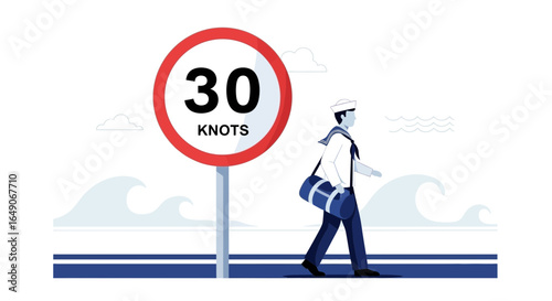 Sailor Man Walking Beside Knots Speed Limit Sign Near The Ocean Waves