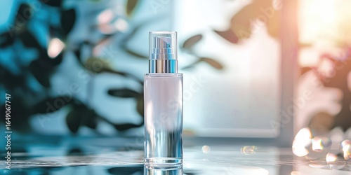 Glassy background reflection of Collistar cream bottle standing upright, clean lighting Stock photo