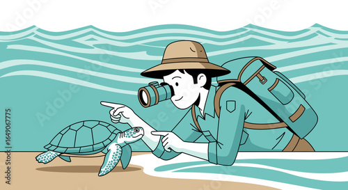 Saving Nature Marine Biologist Observing Sea Turtle On The Shoreline Landscape