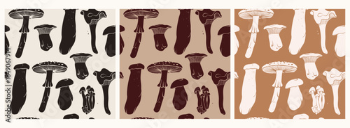Various types of Mushrooms. Forest wild edible mushrooms. Hand drawn modern Vector illustration. Autumn mood, vegetarian, organic food concept. Set of three seamless Pattern, background, wallpaper